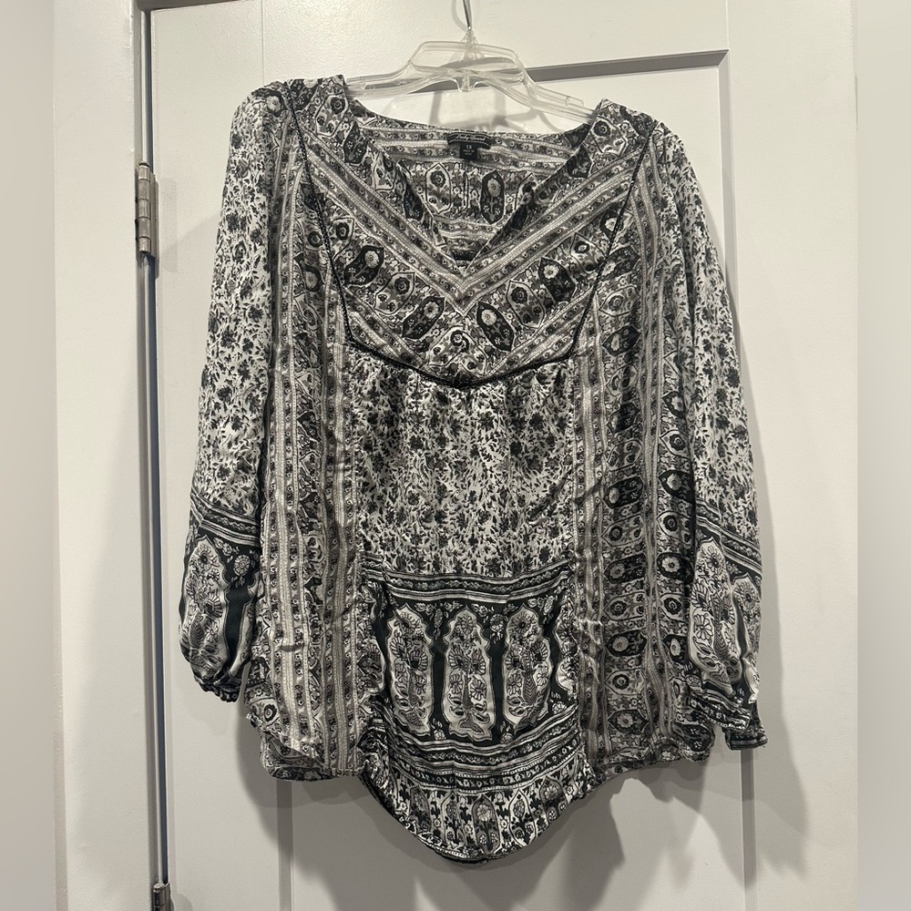 2 Lucky Brand Black and White Boho Peasant Blouses